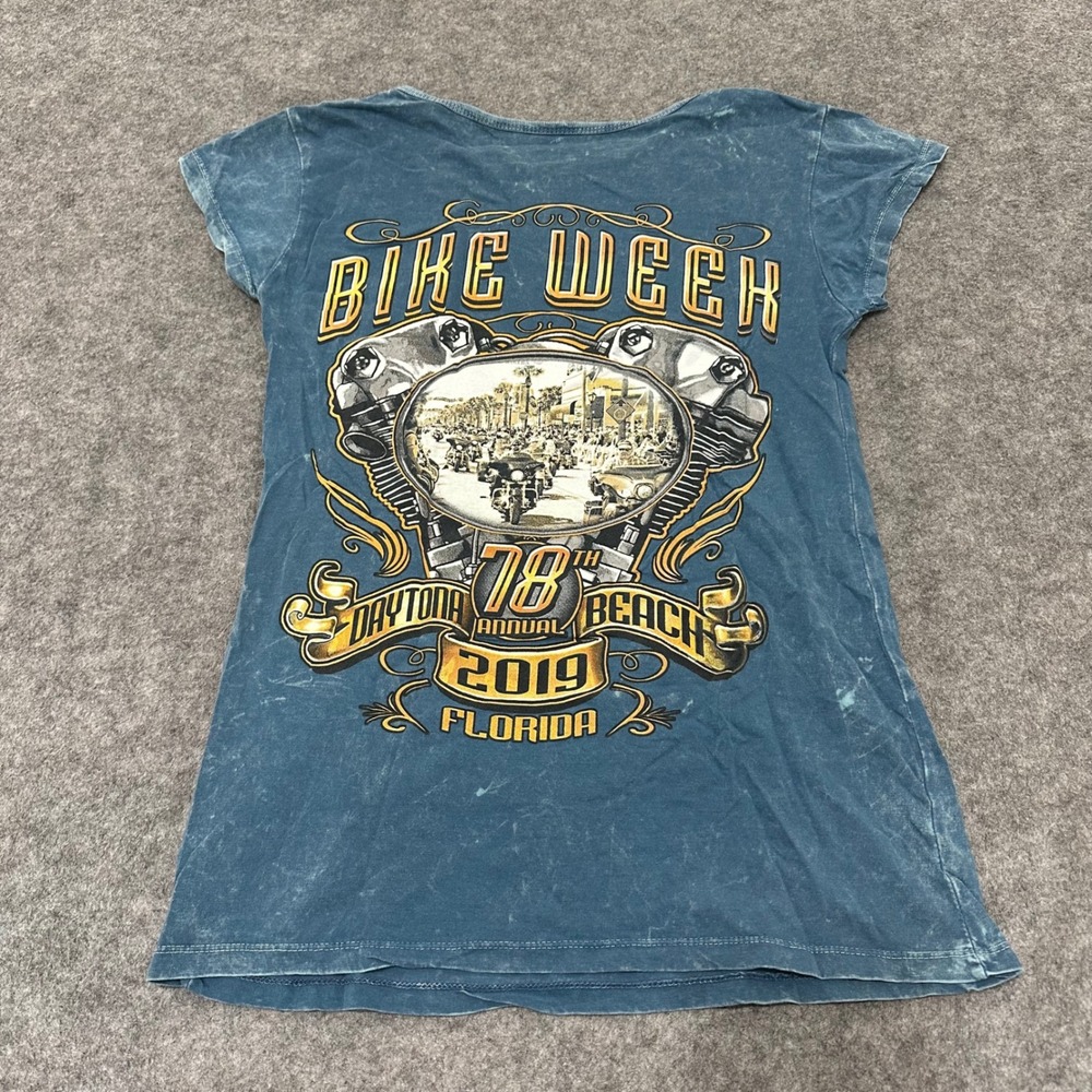 Daytona Bike Week T-Shirt Women Large Blue 2019 Graphic Tee Acid Wash Cotton